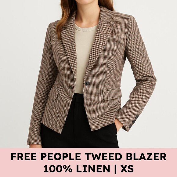 Free People Jackets & Blazers - Free People Linen Plaid Tweed Blazer Academia Quiet Luxury Preppy XS Red Navy